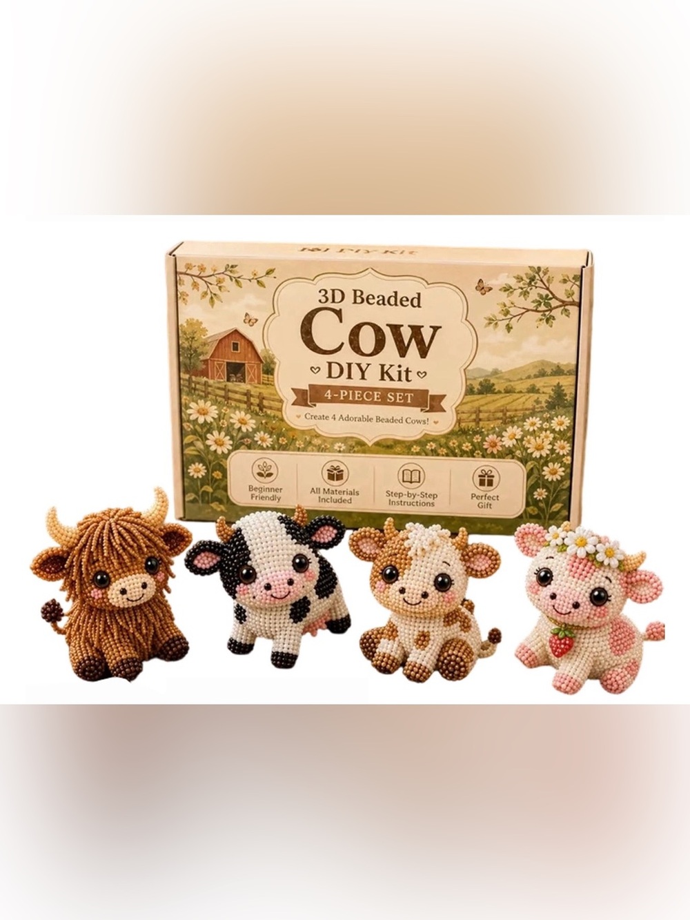 3D Beaded Cow DIY Kit - 4 Piece Set